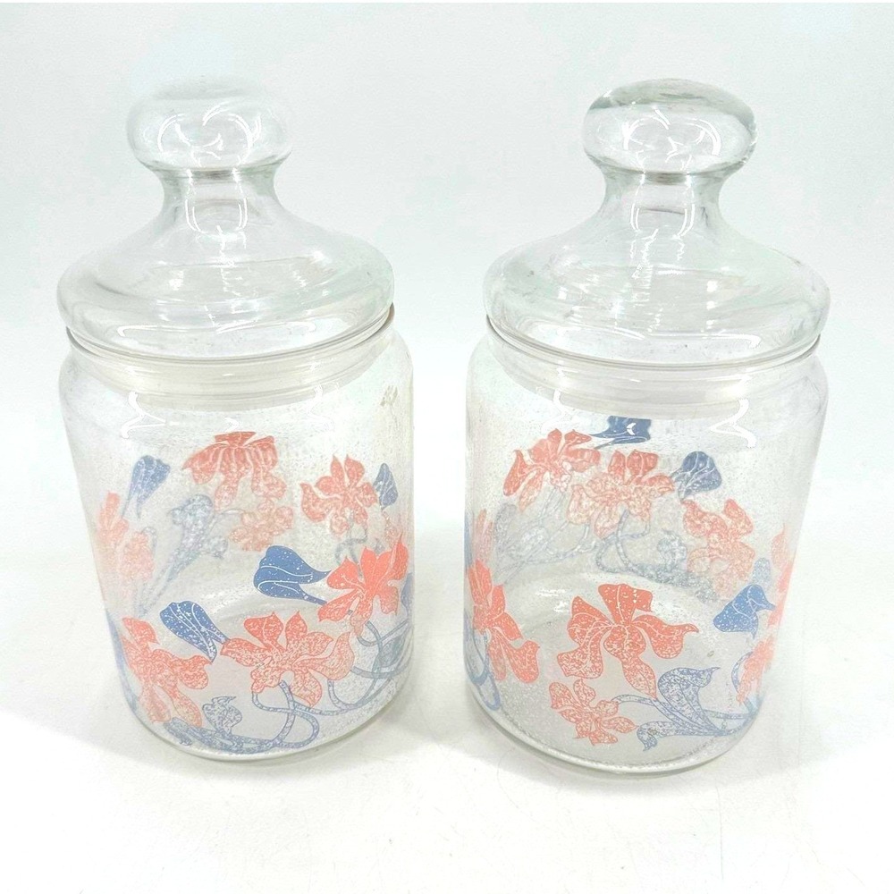 Vintage Floral Glass Apothecary Jars Set of 2 Pink Blue Kitchen Canisters